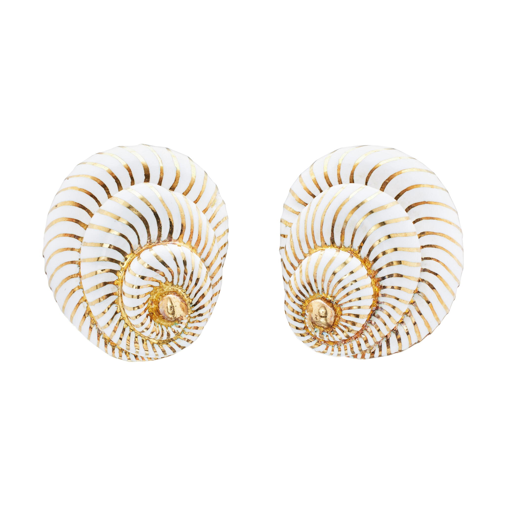 Gold and Enamel Shell Earclips  — view 1