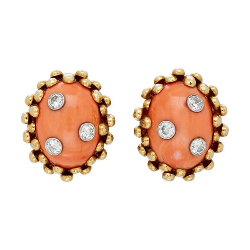 Vintage Gold, White Gold, Coral and Diamond Earclips