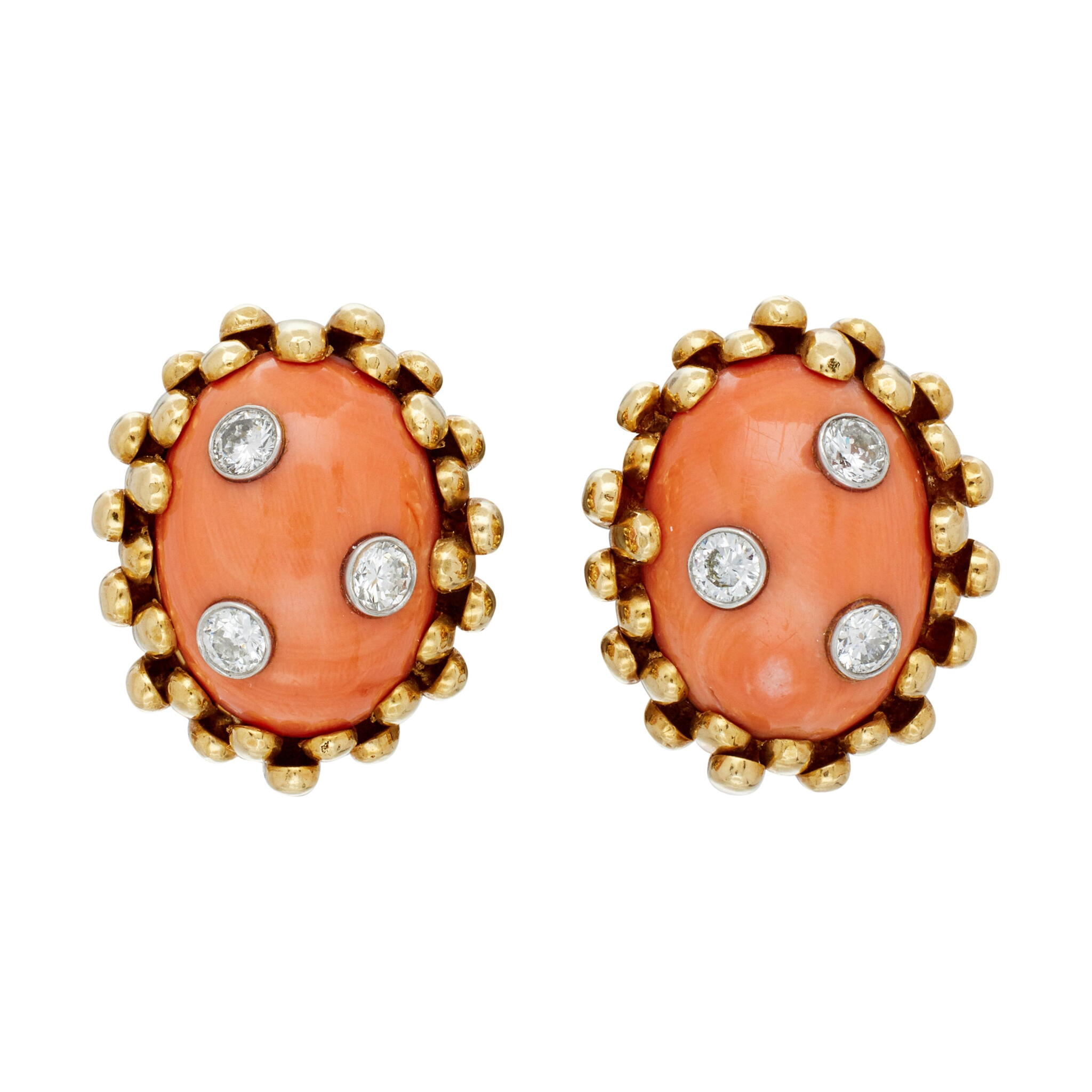 Vintage Gold, White Gold, Coral and Diamond Earclips — view 1