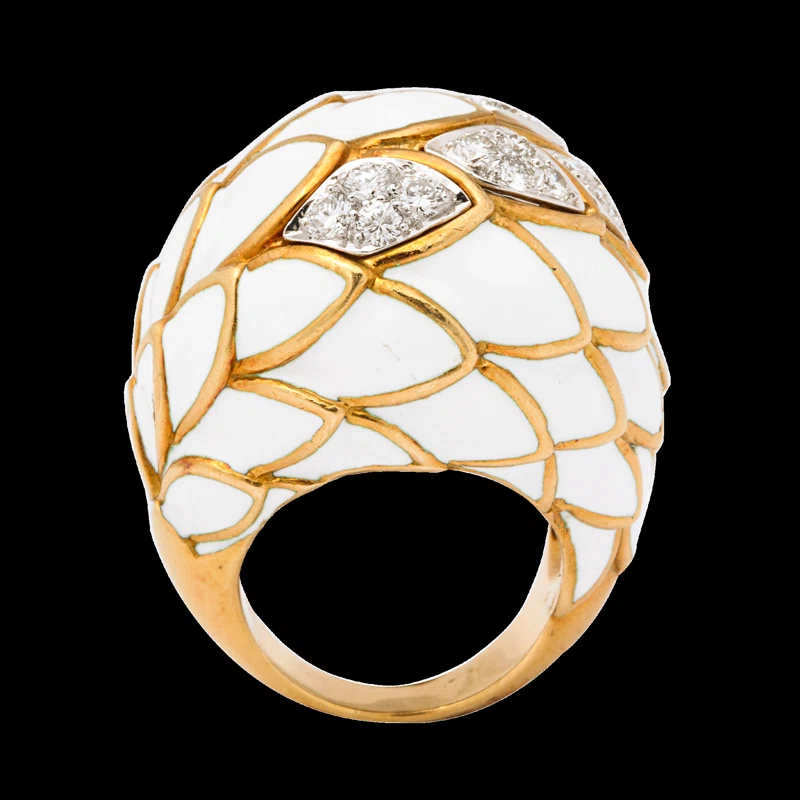 Gold, Diamond and White Enamel Ring