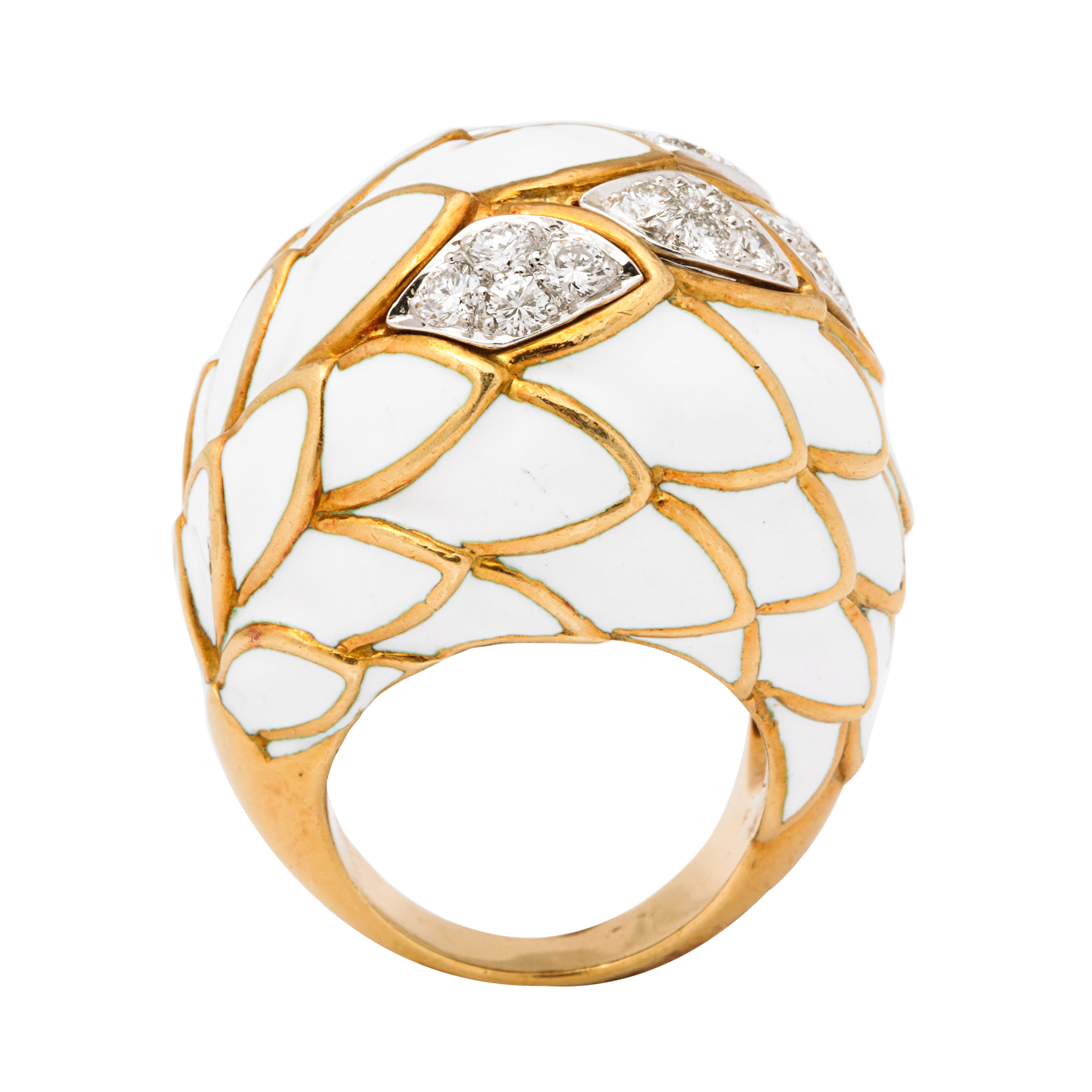 Gold, Diamond and White Enamel Ring — view 1