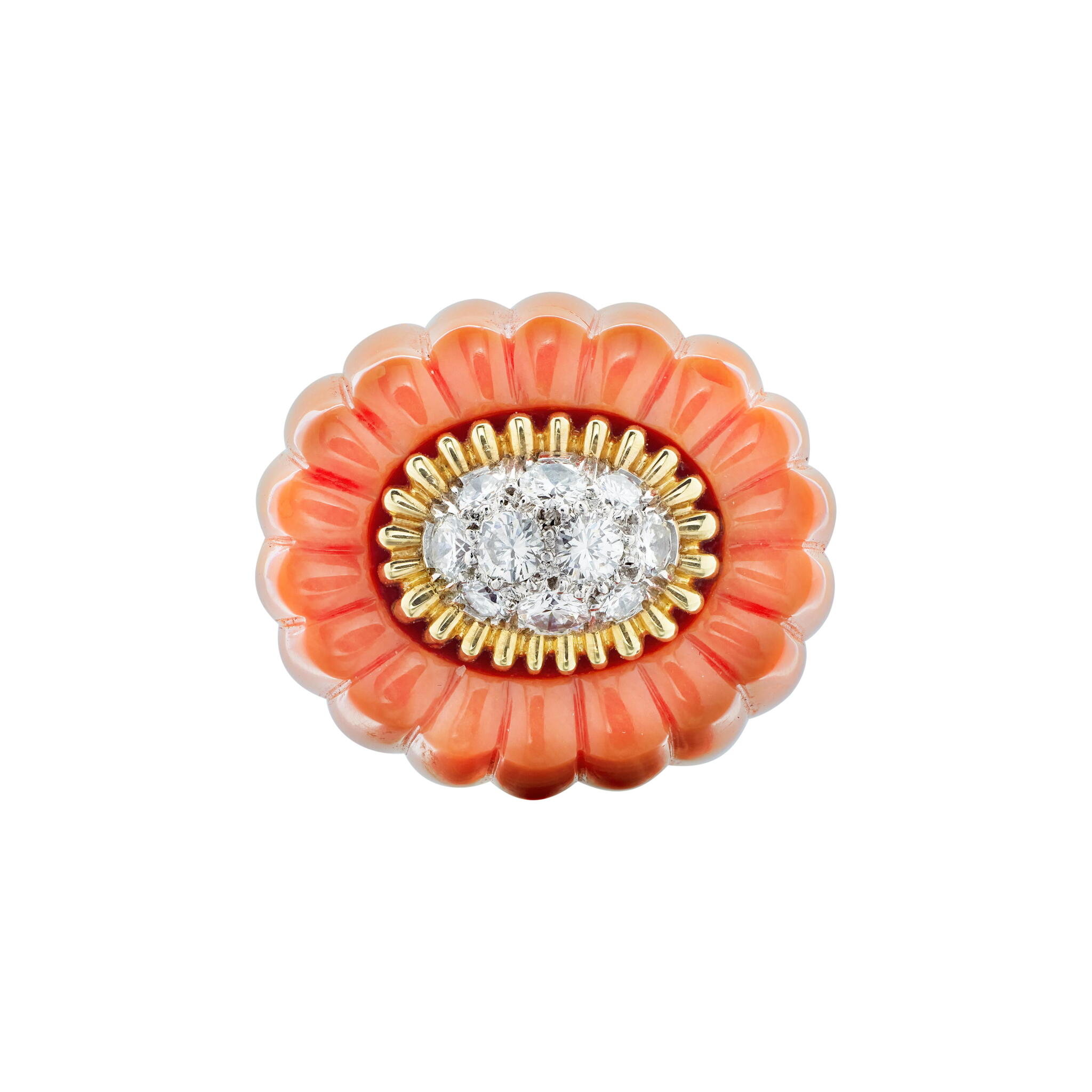 Gold, Platinum, Coral and Diamond Ring — view 1