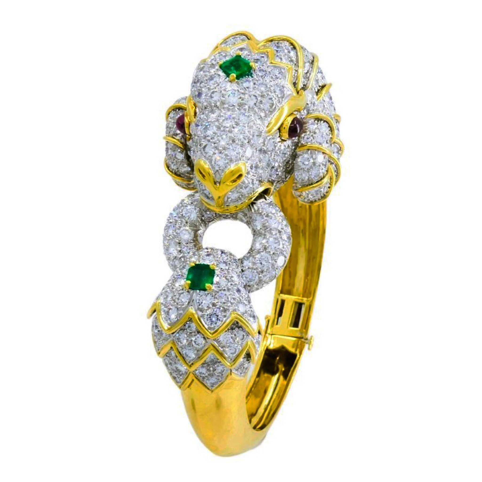 Gold, Platinum, Emerald, Ruby and Diamond Ram's Head Bracelet — view 1