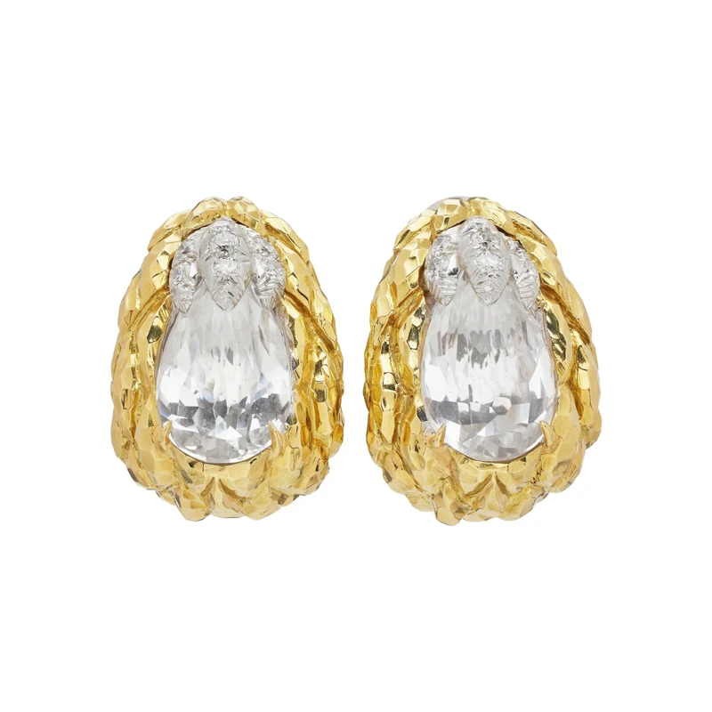 Gold, Platinum, Rock Crystal Quartz and Diamond Earclips