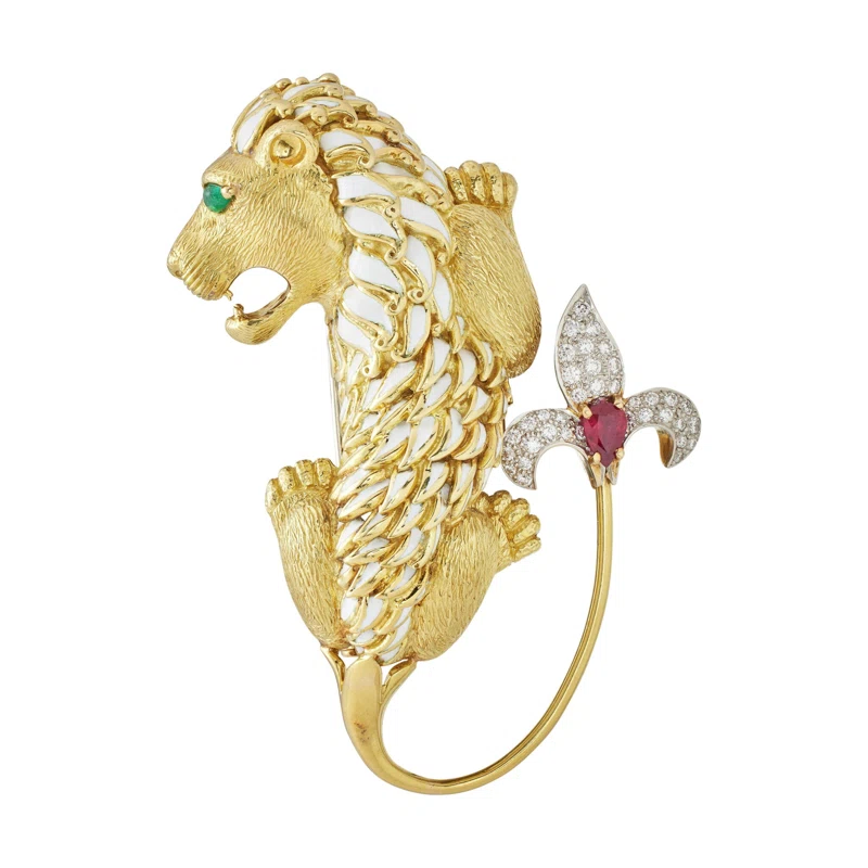 Gold, Platinum, Enamel, Emerald, Ruby and Diamond Lion Brooch