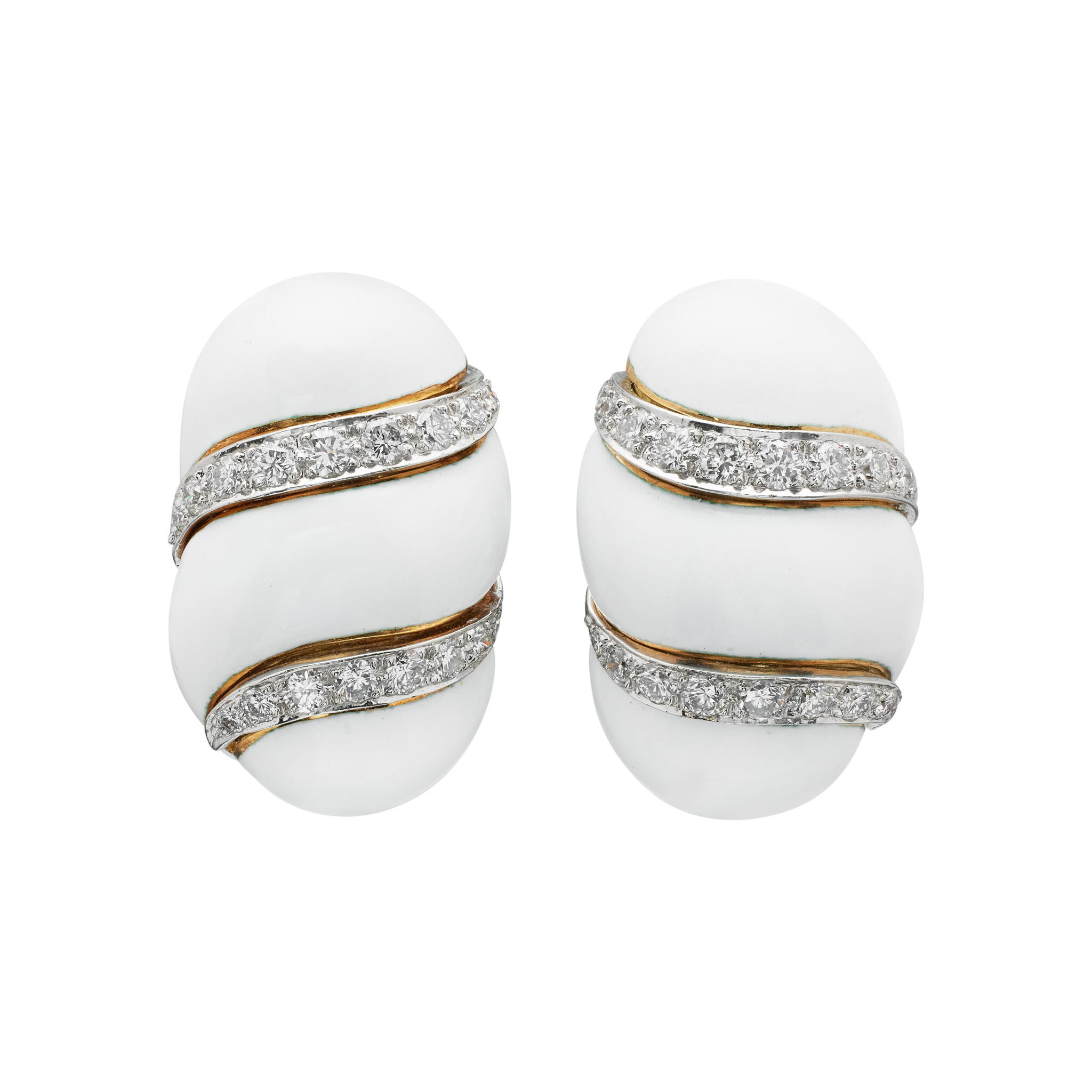 Platinum, Gold, Enamel and Diamond Earclips — view 1