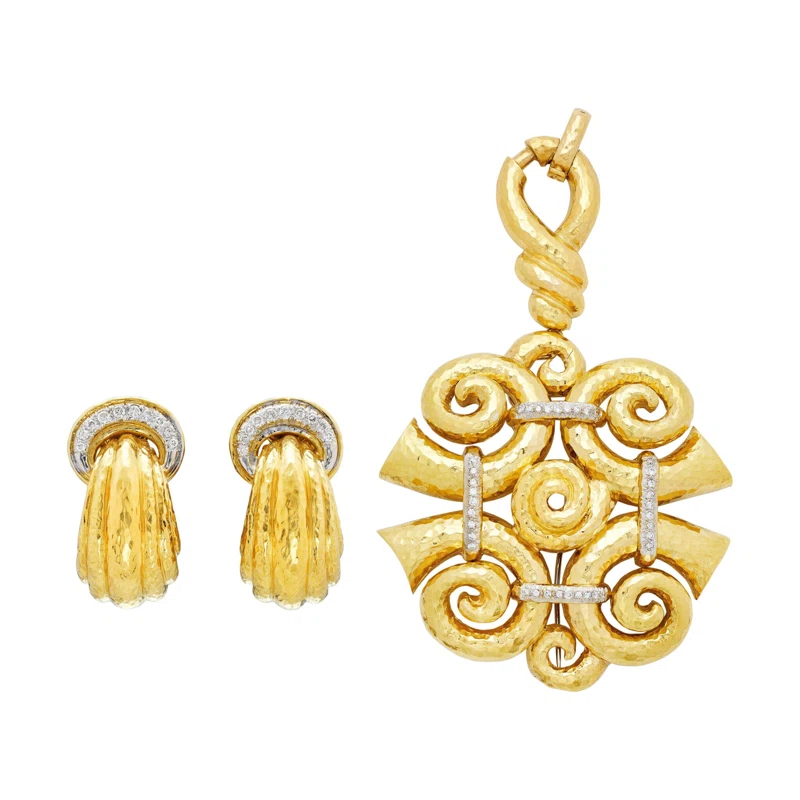 Vintage Gold and Diamond Earclips and Convertible Pendant Brooch Set