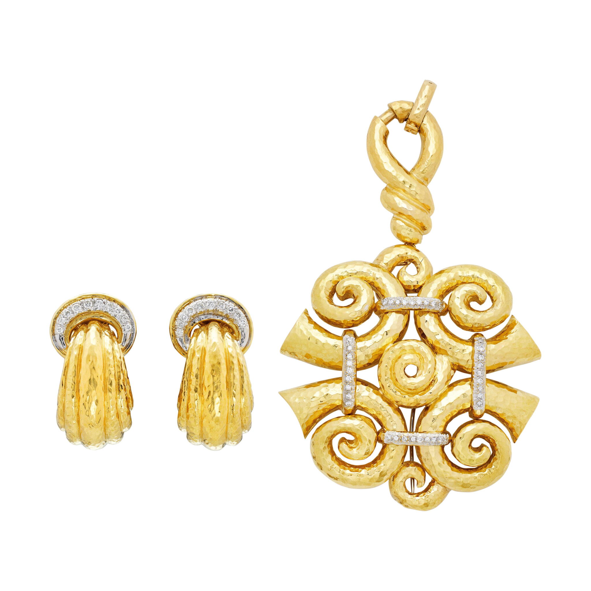 Vintage Gold and Diamond Earclips and Convertible Pendant Brooch Set — view 1