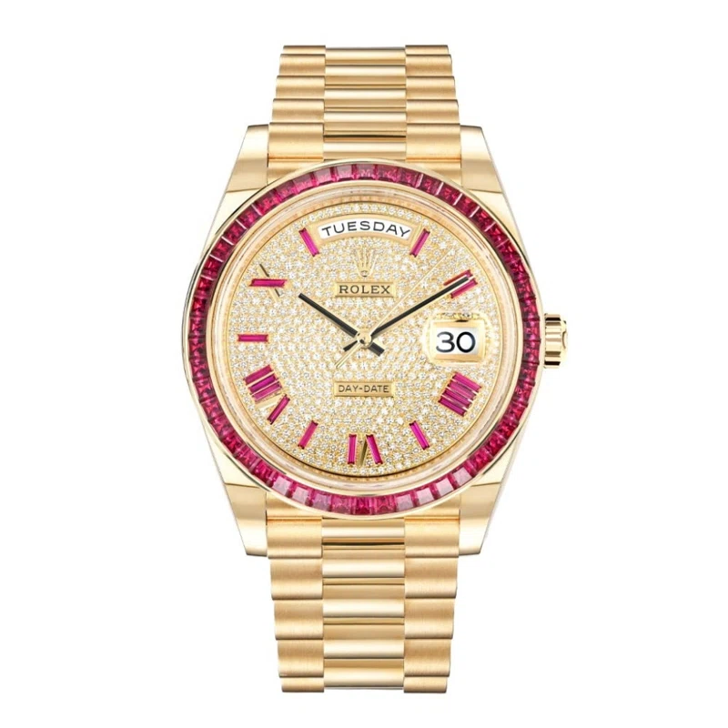 President Day-Date (Reference 228398TRU). A 40mm yellow gold diamond ruby-set automatic wristwatch with date and day. 2018