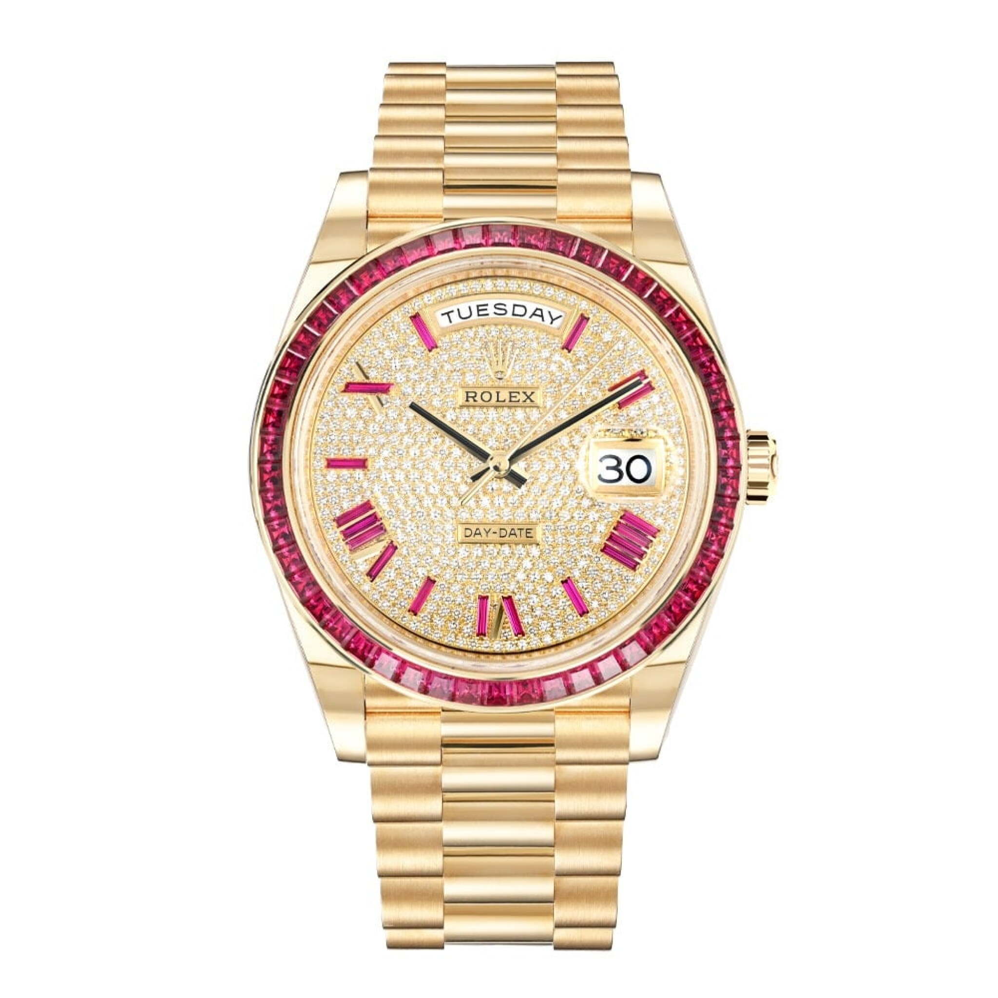President Day-Date (Reference 228398TRU). A 40mm yellow gold diamond ruby-set automatic wristwatch with date and day. 2018 — view 1