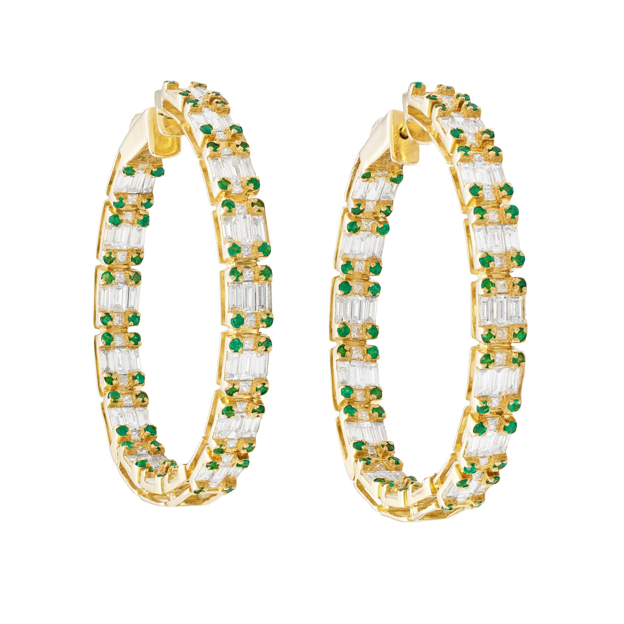 Gold, Diamond and Emerald Hoop Earrings — view 1