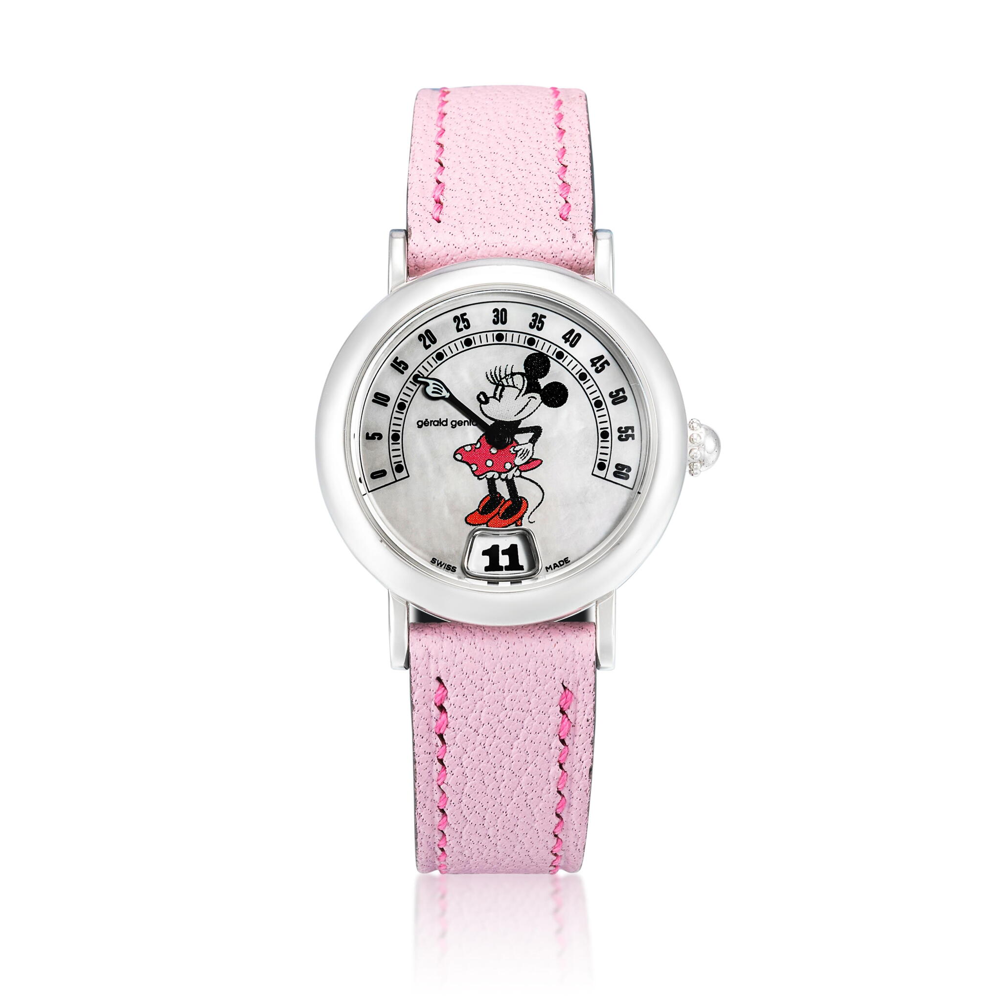 Fantasy Retro Minnie Mouse (Reference G.3622). A stainless steel jumping hour quartz wristwatch with retrograde minutes and mother-of-pearl dial. 1998 — view 1