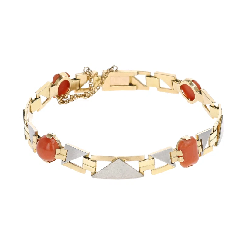 Vintage Gold, Platinum and Coral Link Bracelet
