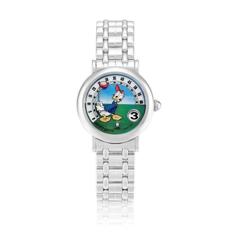 Retro Fantasy “Donald Duck”, Reference G.3622, A stainless steel jumping hours quartz wristwatch with retrograde minutes, mother-of-pearl dial and bracelet, Circa 2000