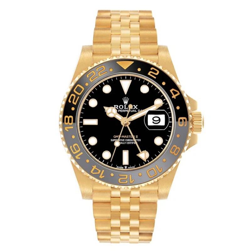 GMT-Master II (Reference 126718GRNR). A 40mm yellow gold automatic wristwatch with date and dual time. 2024
