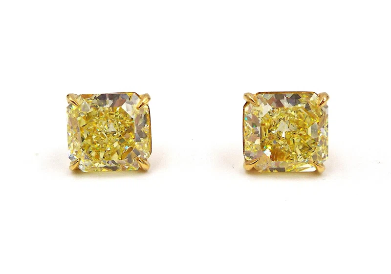 Gold, 11.63ctw Radiant Cut Fancy Yellow Diamond Stud Earrings