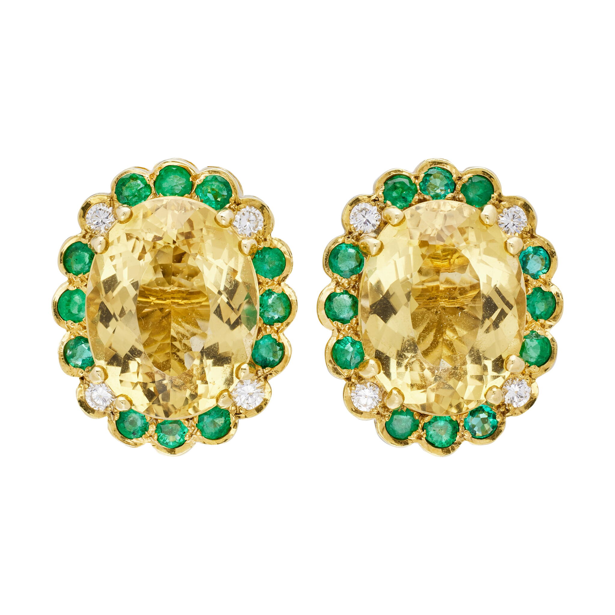 Gold, 14.00ctw Heliodor, Emerald and Diamond Earclips — view 1