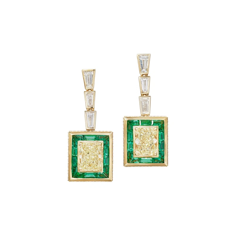 Gold, 1.86ct Radiant Cut Fancy Intense Yellow Diamond, 1.68ct Radiant Cut Fancy Yellow Diamond, Emerald and Diamond Drop Earrings