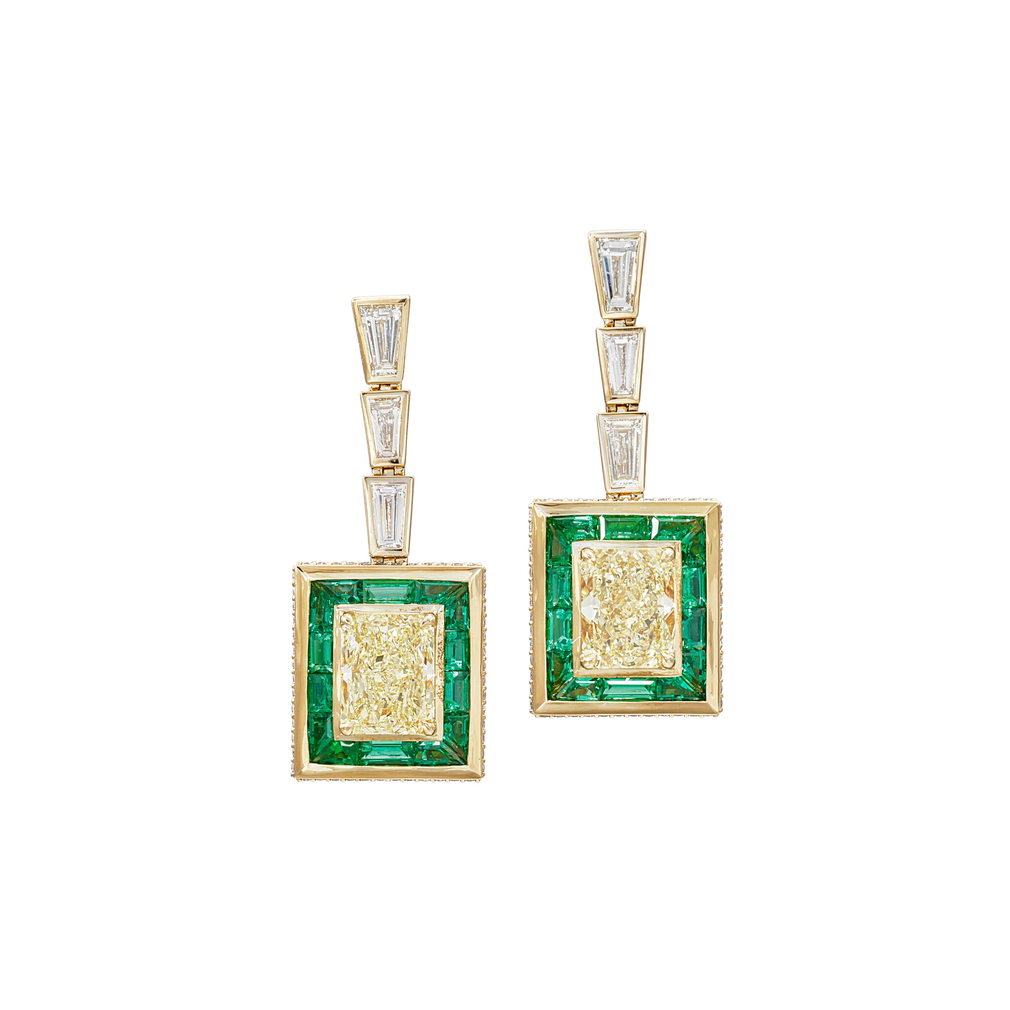 Gold, 1.86ct Radiant Cut Fancy Intense Yellow Diamond, 1.68ct Radiant Cut Fancy Yellow Diamond, Emerald and Diamond Drop Earrings — view 1
