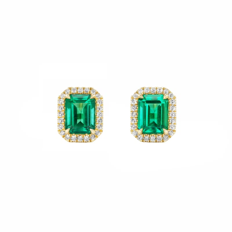 Gold, 2.43ctw Zambian Emerald and Diamond Stud Earrings