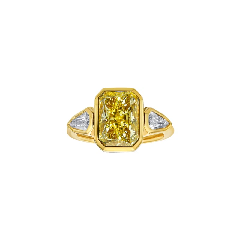 Gold, 3.35ct Radiant Cut Fancy Light Yellow Diamond and Diamond Bezel Set Ring