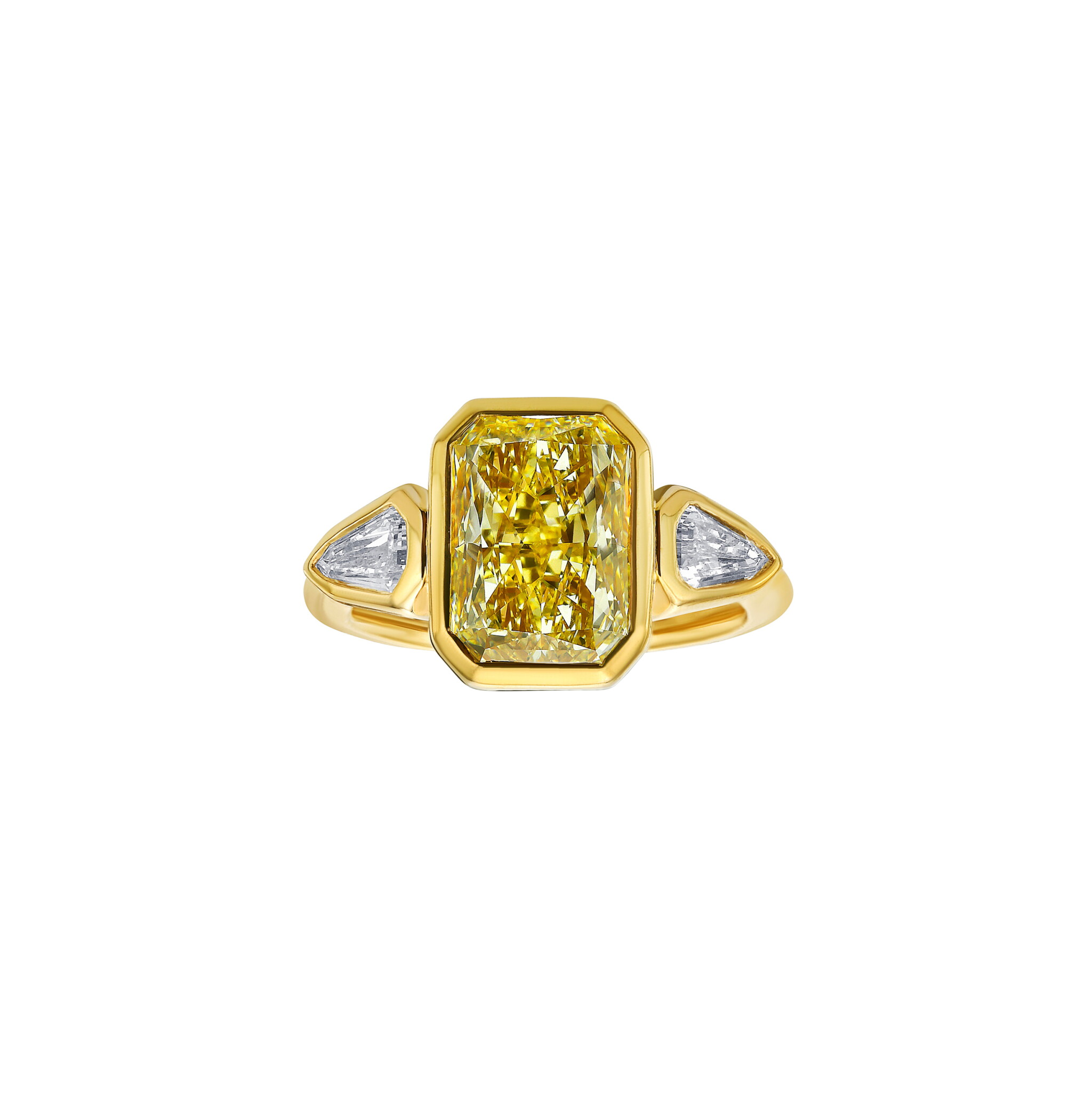 Gold, 3.35ct Radiant Cut Fancy Light Yellow Diamond and Diamond Bezel Set Ring — view 1