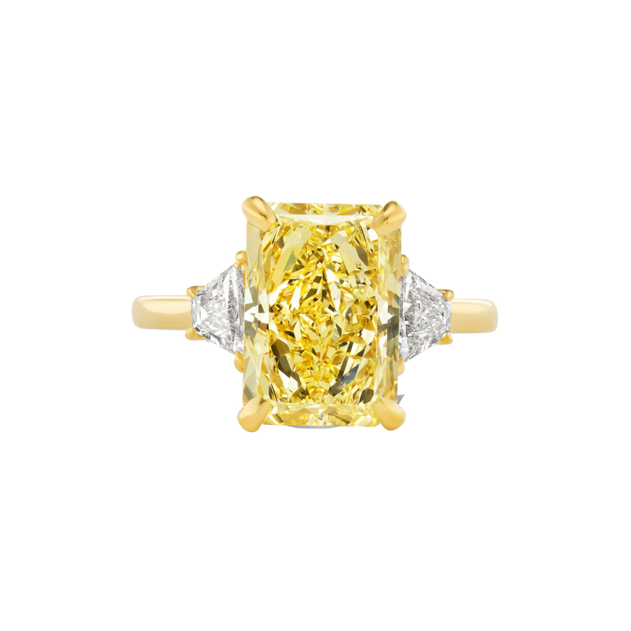 Gold, 5.05ct Radiant Cut Fancy Yellow Diamond and Diamond Engagement Ring — view 1