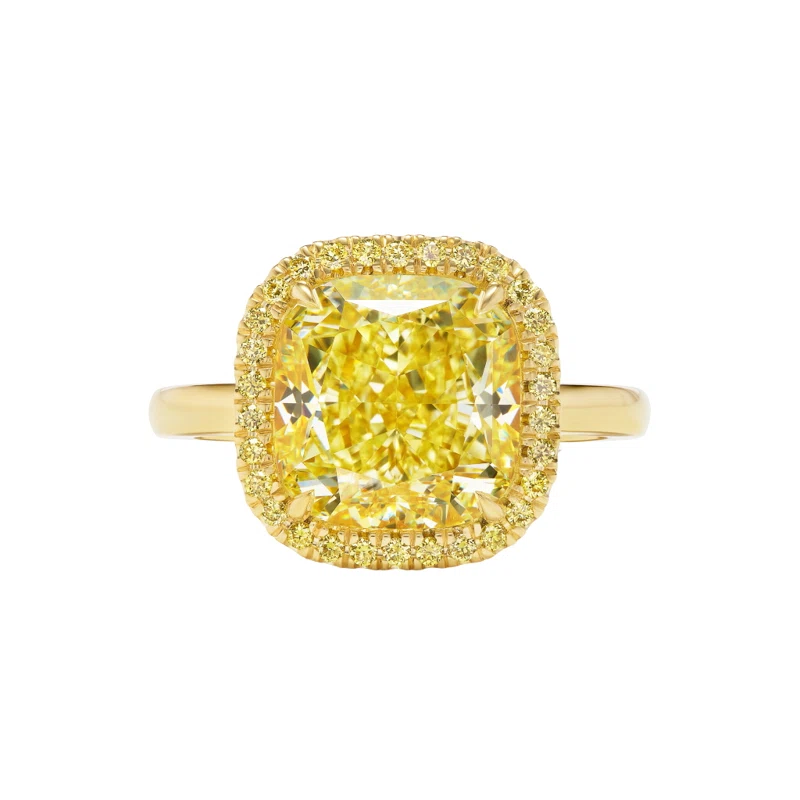 Gold, 5.82ct Cushion Cut Fancy Yellow Diamond and Yellow Diamond Engagement Ring