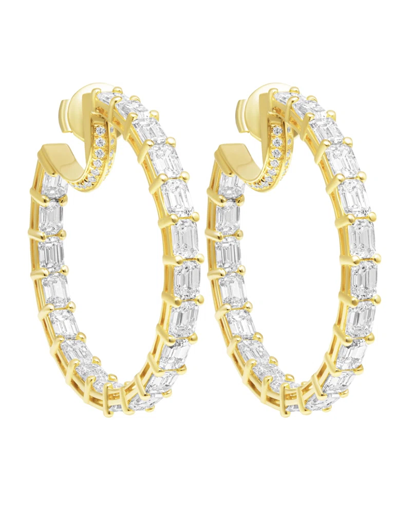 Gold, 6.95ctw Emerald Cut Diamond and Diamond Hoop Earrings