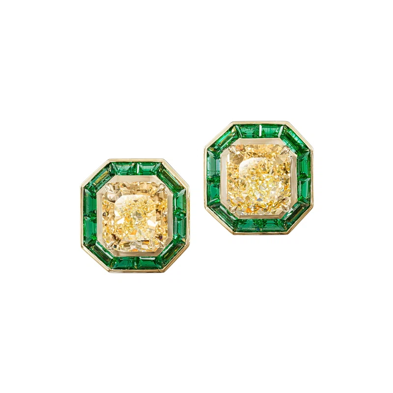 Gold, 6.02ctw Radiant Cut Fancy Light Yellow Diamond and Emerald Stud Earrings