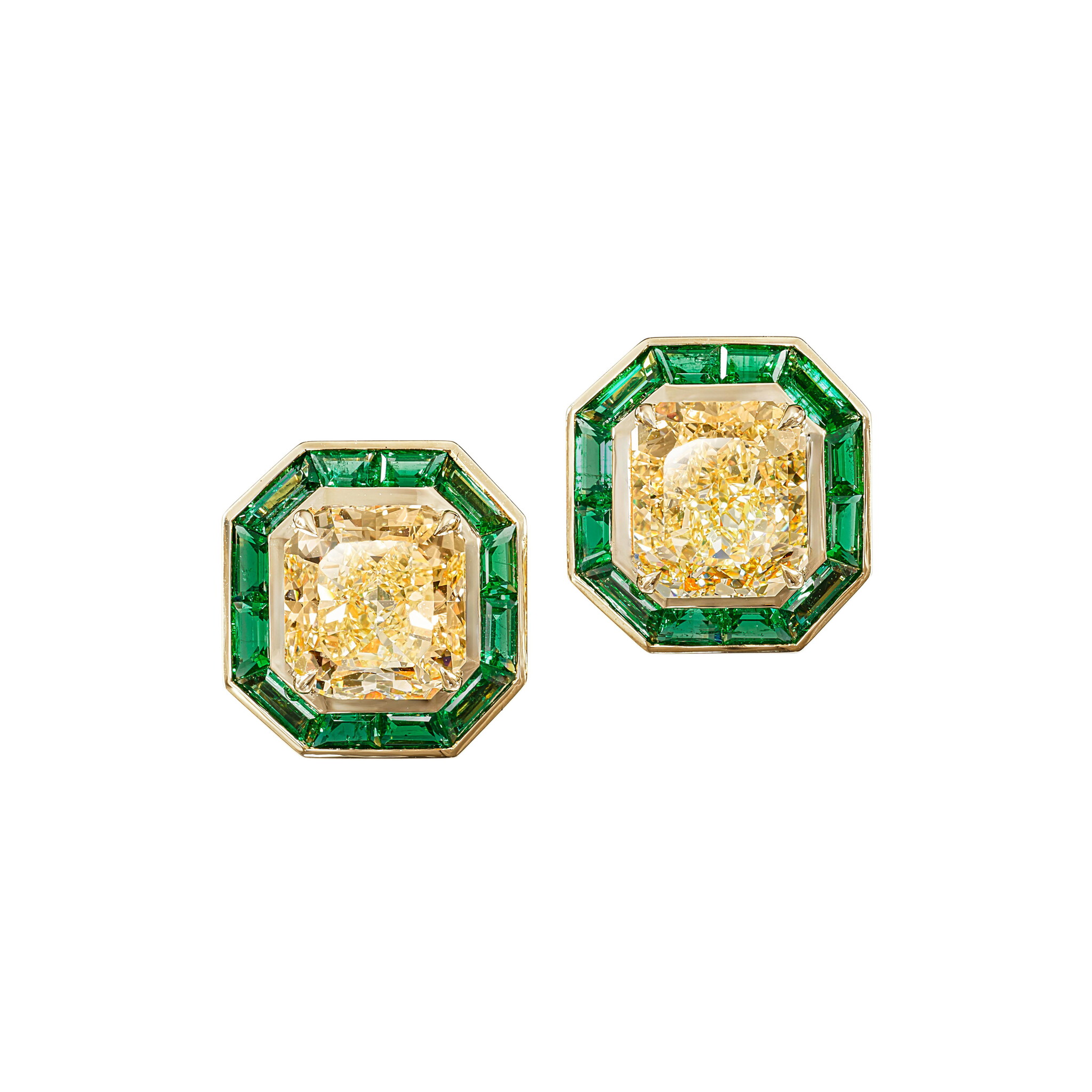 Gold, 6.02ctw Radiant Cut Fancy Light Yellow Diamond and Emerald Stud Earrings — view 1