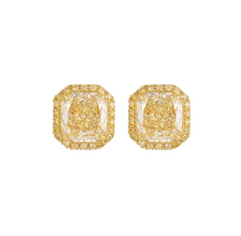 Gold, 9.05ctw Radiant Cut Fancy Intense Yellow Diamond and Yellow Diamond Stud Earrings