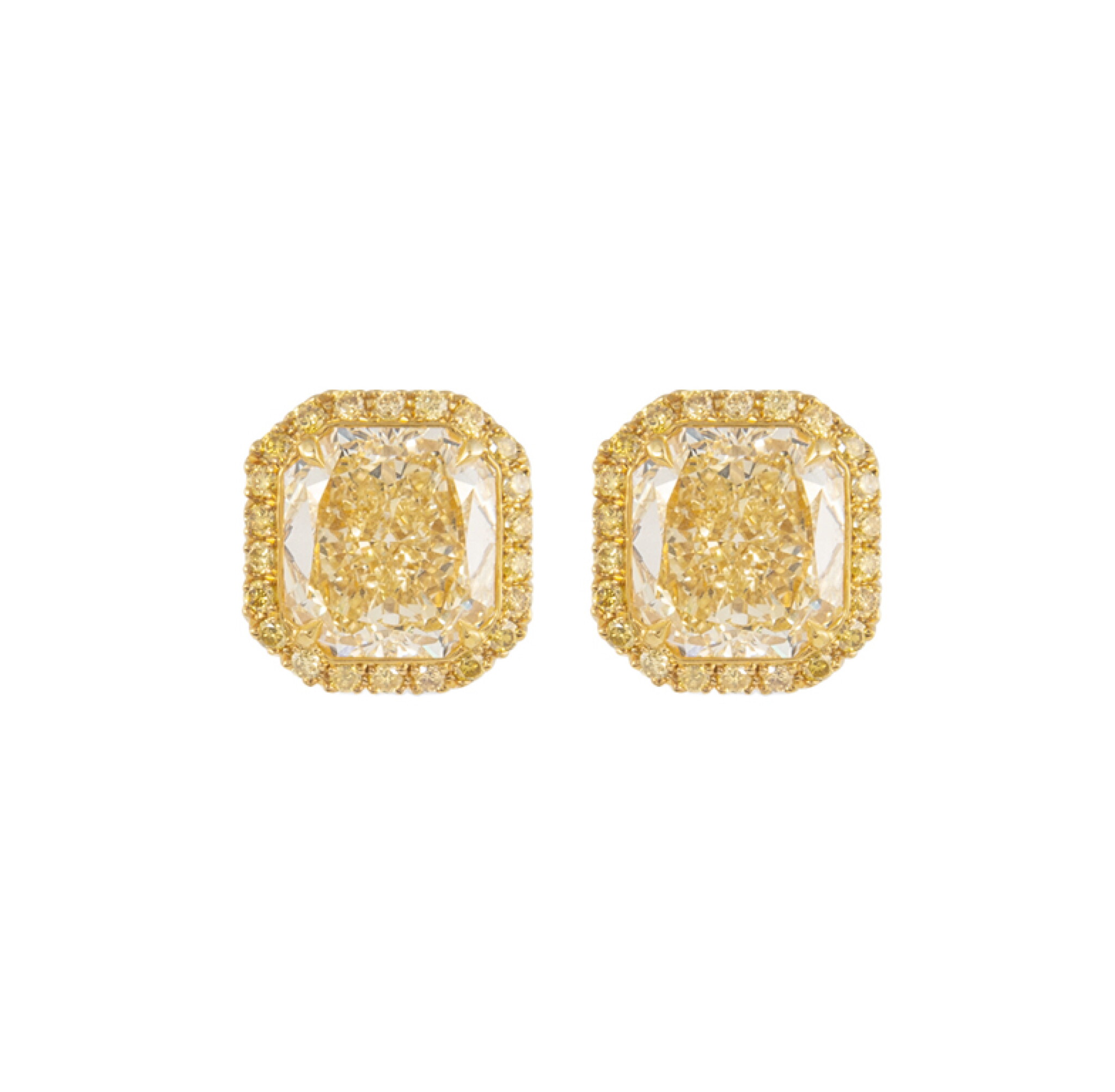Gold, 9.05ctw Radiant Cut Fancy Intense Yellow Diamond and Yellow Diamond Stud Earrings — view 1