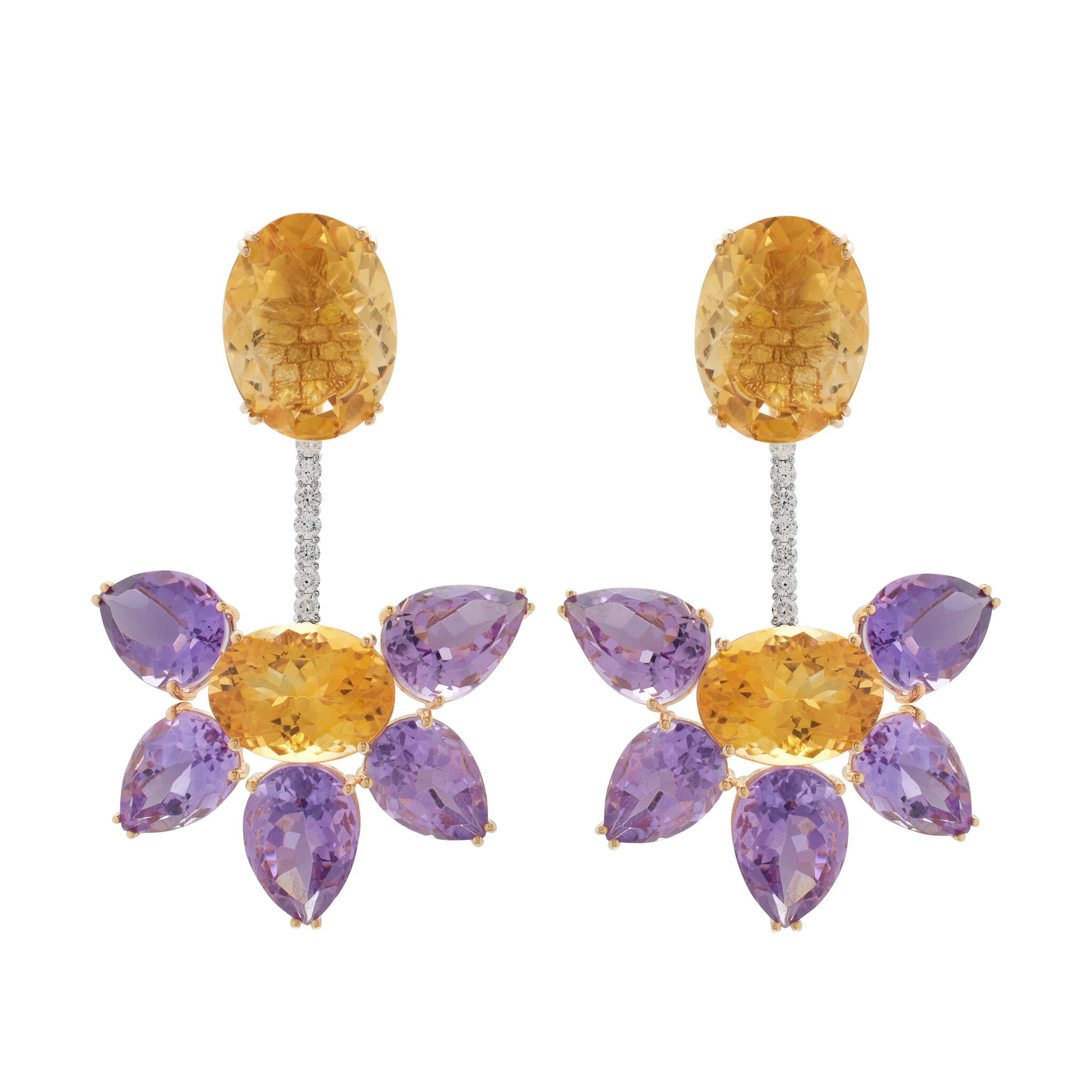 Gold, Amethyst, Citrine and Diamond Drop Earclips — view 1