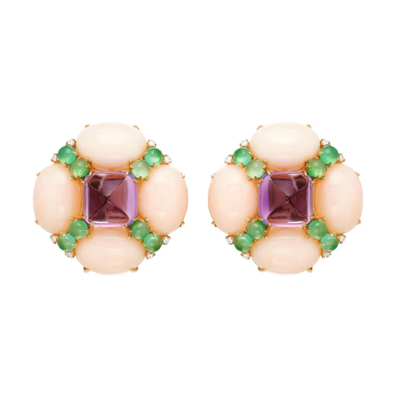 Gold, Amethyst, Chrysoprase, Coral and Diamond Earclips