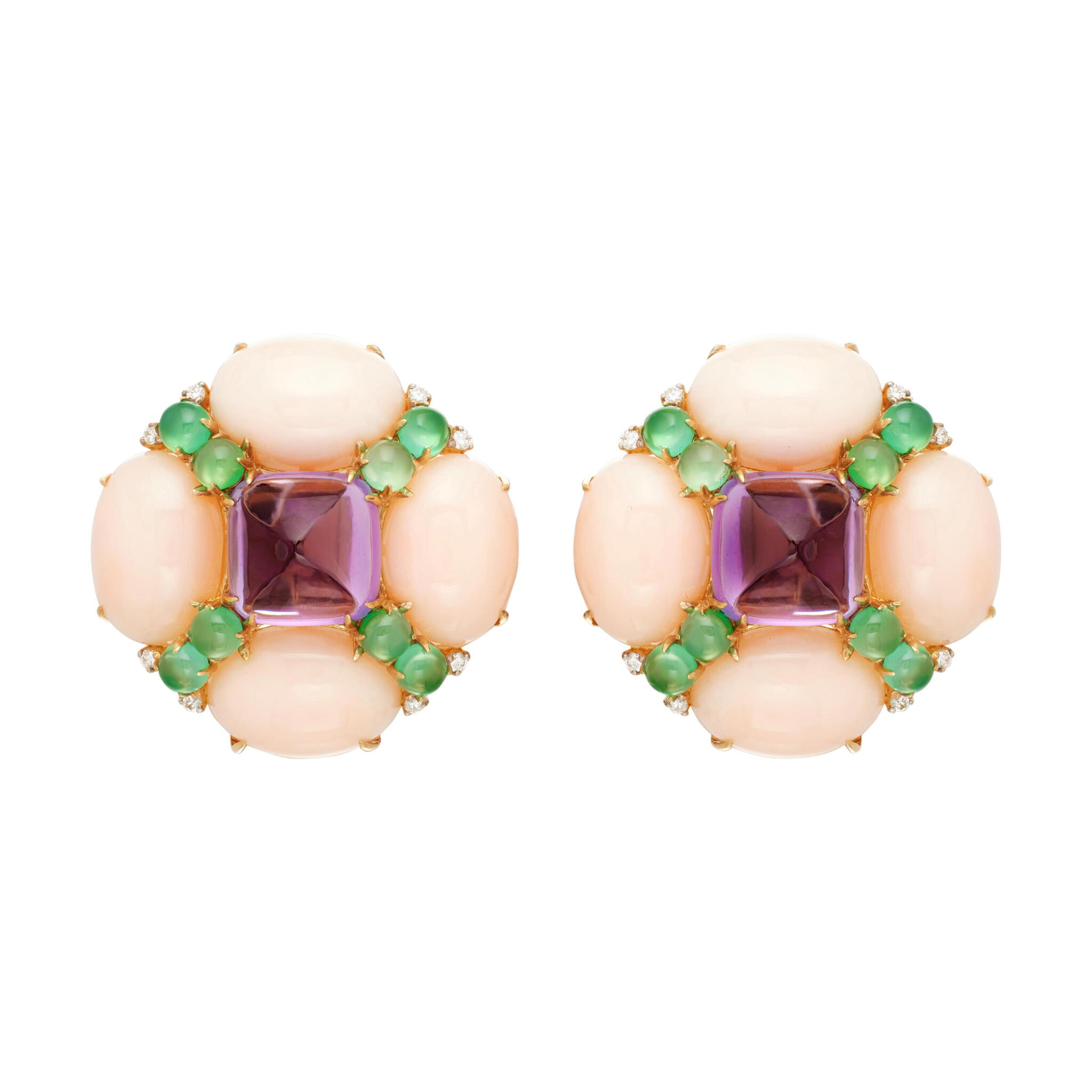 Gold, Amethyst, Chrysoprase, Coral and Diamond Earclips — view 1