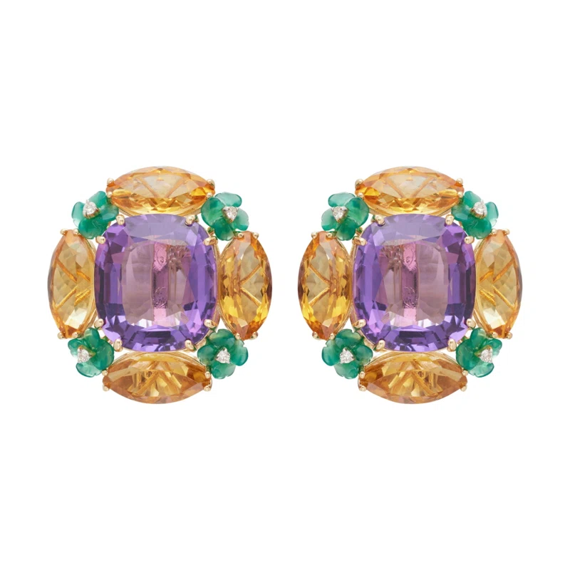Gold, Amethyst, Citrine, Green Chalcedony and Diamond Earclips