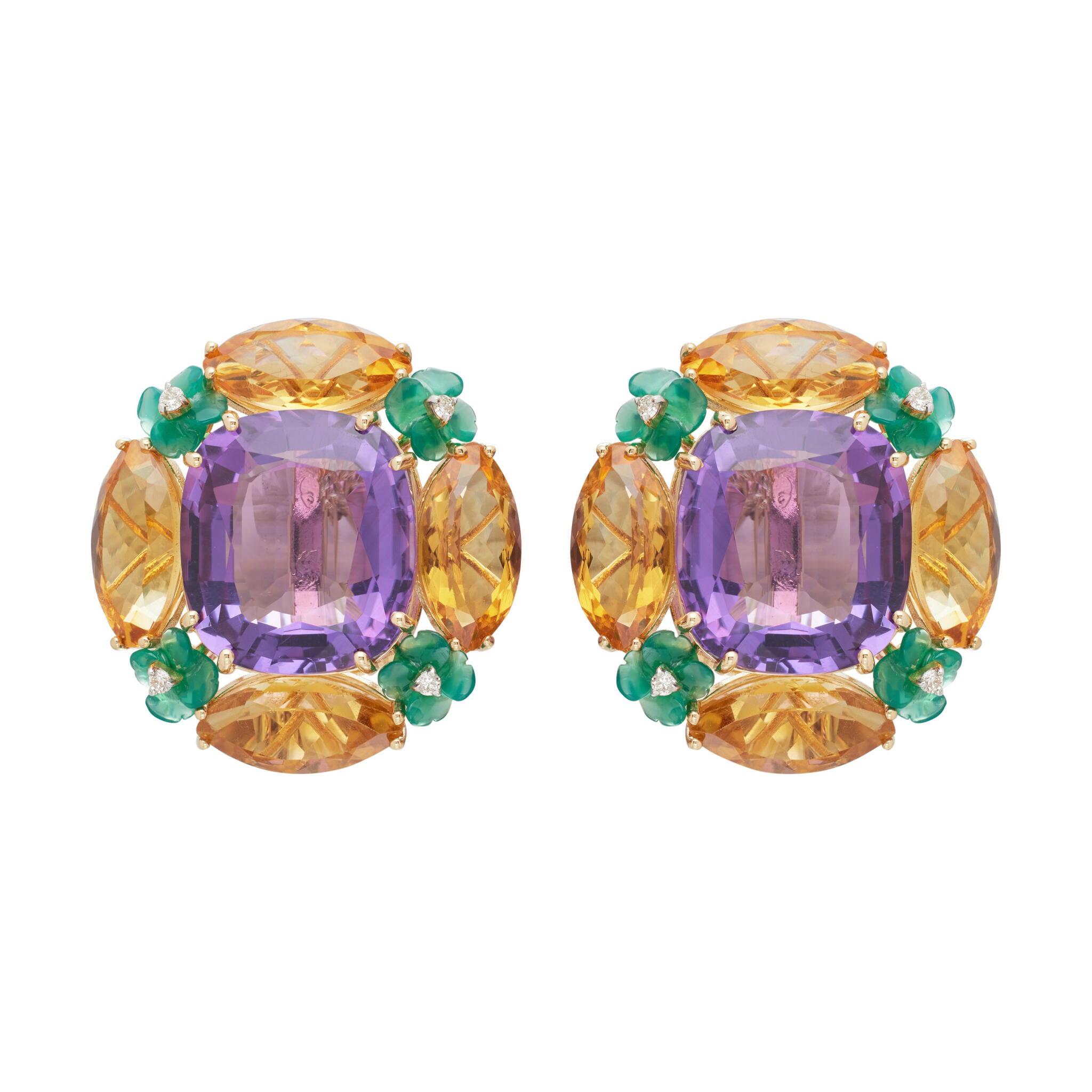 Gold, Amethyst, Citrine, Green Chalcedony and Diamond Earclips — view 1