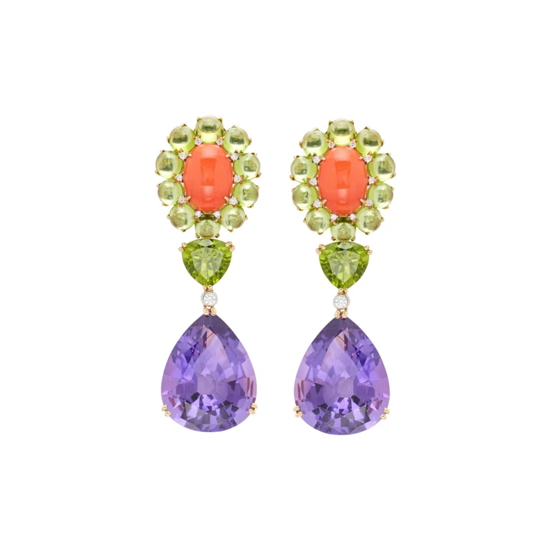 Gold, Amethyst, Peridot, Coral and Diamond Drop Earclips