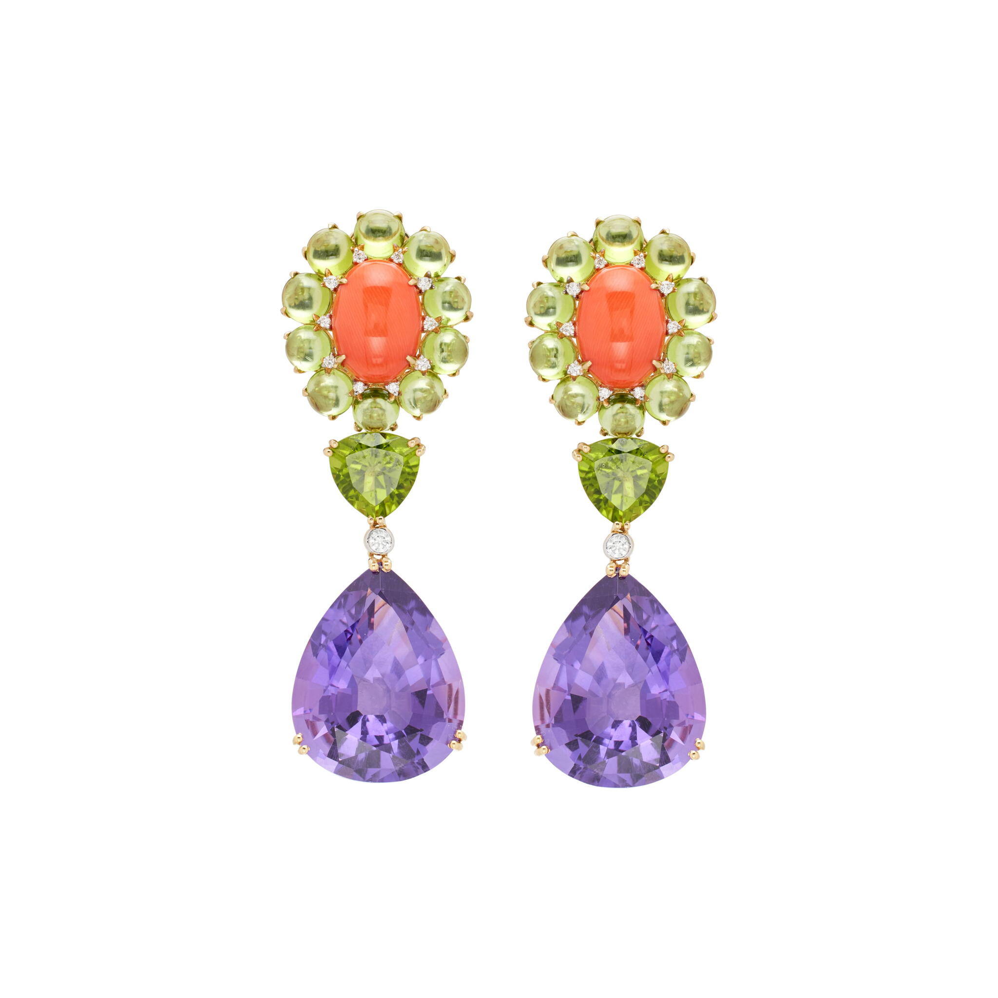 Gold, Amethyst, Peridot, Coral and Diamond Drop Earclips — view 1