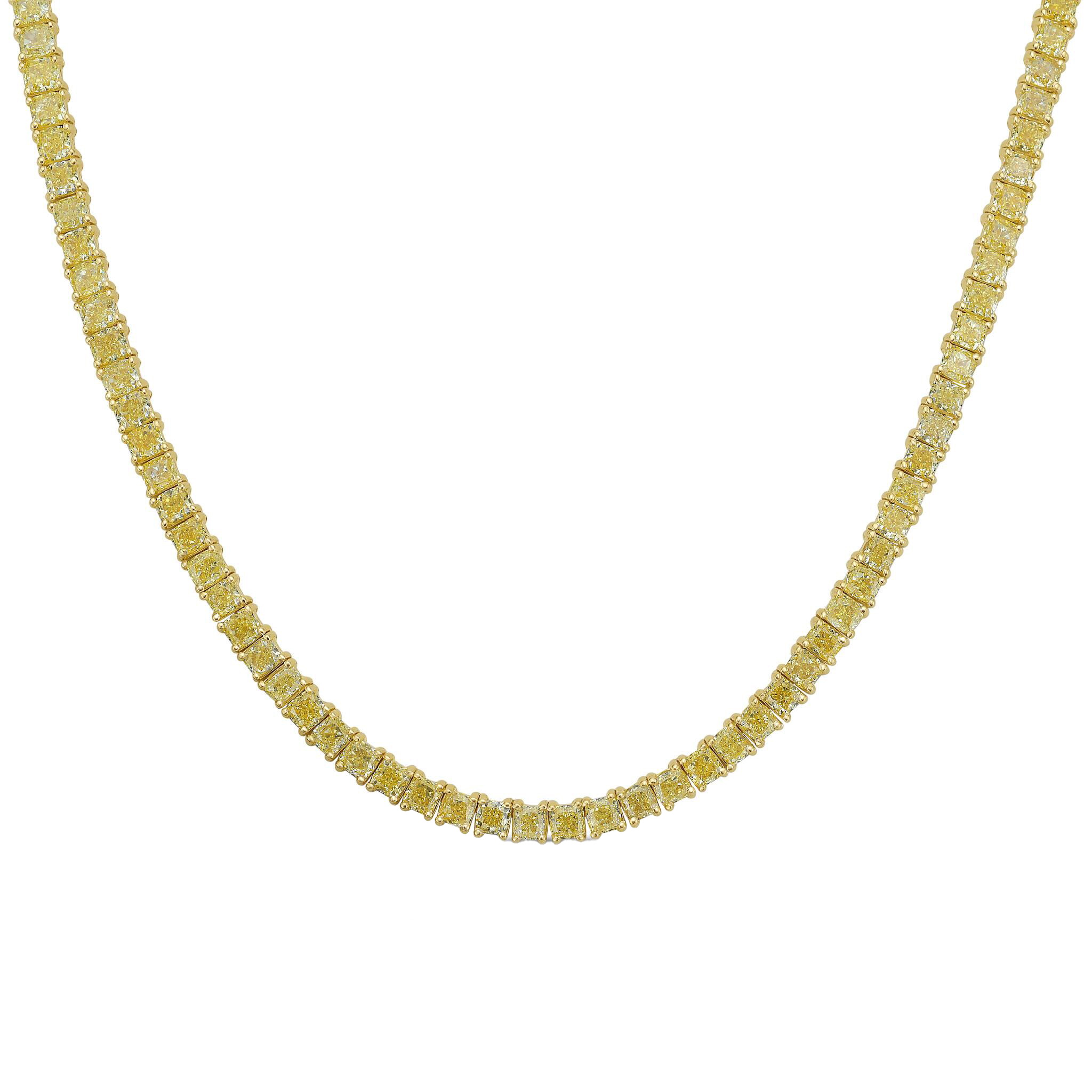 Gold and 16.80ctw Cushion Cut Yellow Diamond Tennis Necklace — view 1