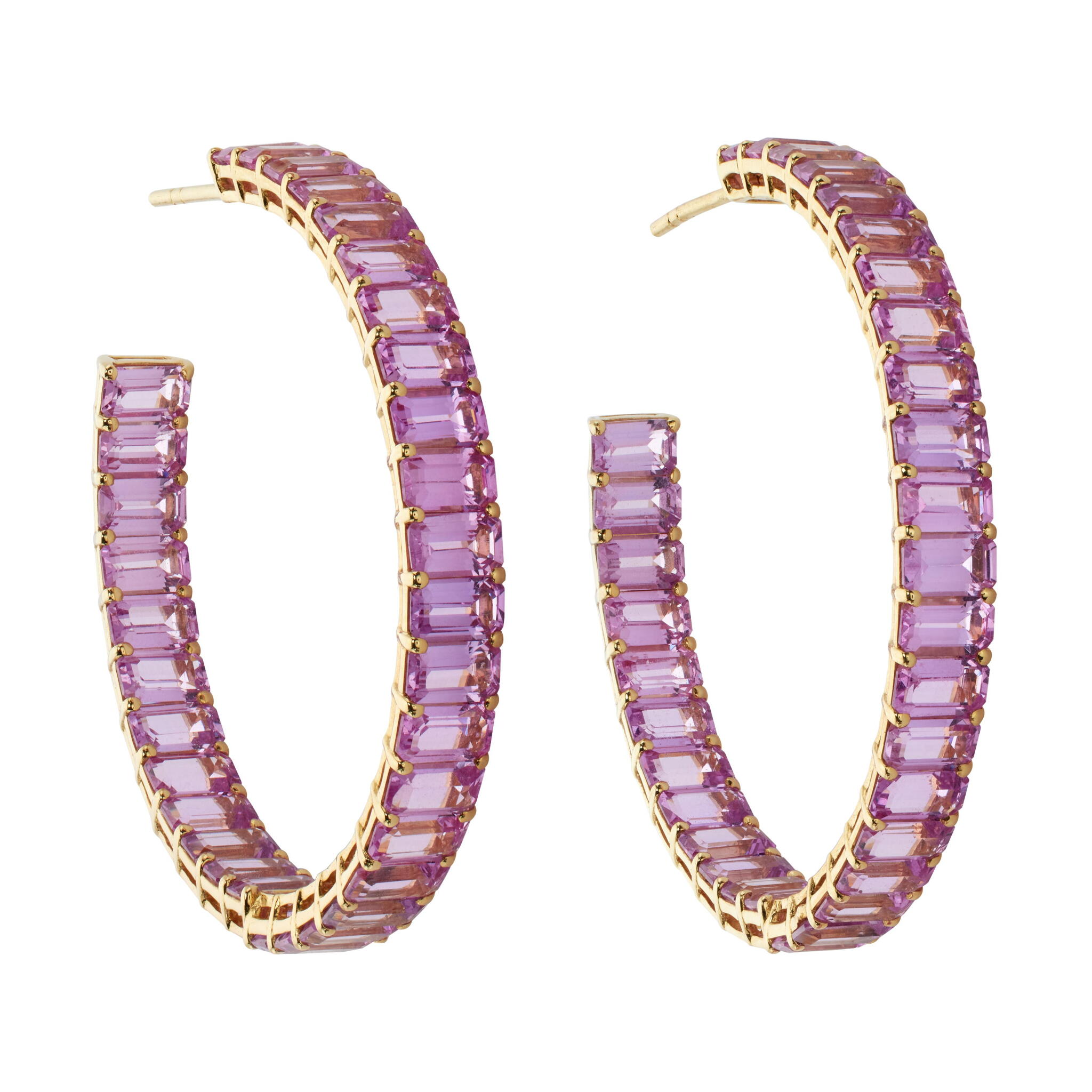 Gold and 21.75ctw Pink Sapphire Hoop Earrings — view 1