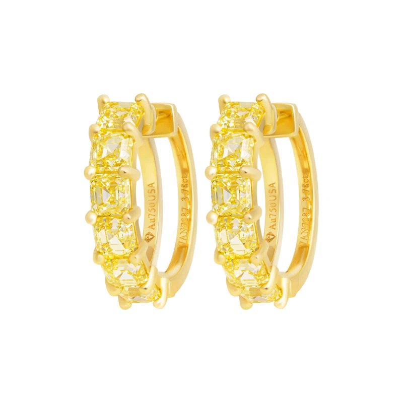 Gold and 3.78ctw Asscher Cut Yellow Diamond Hoop Earrings