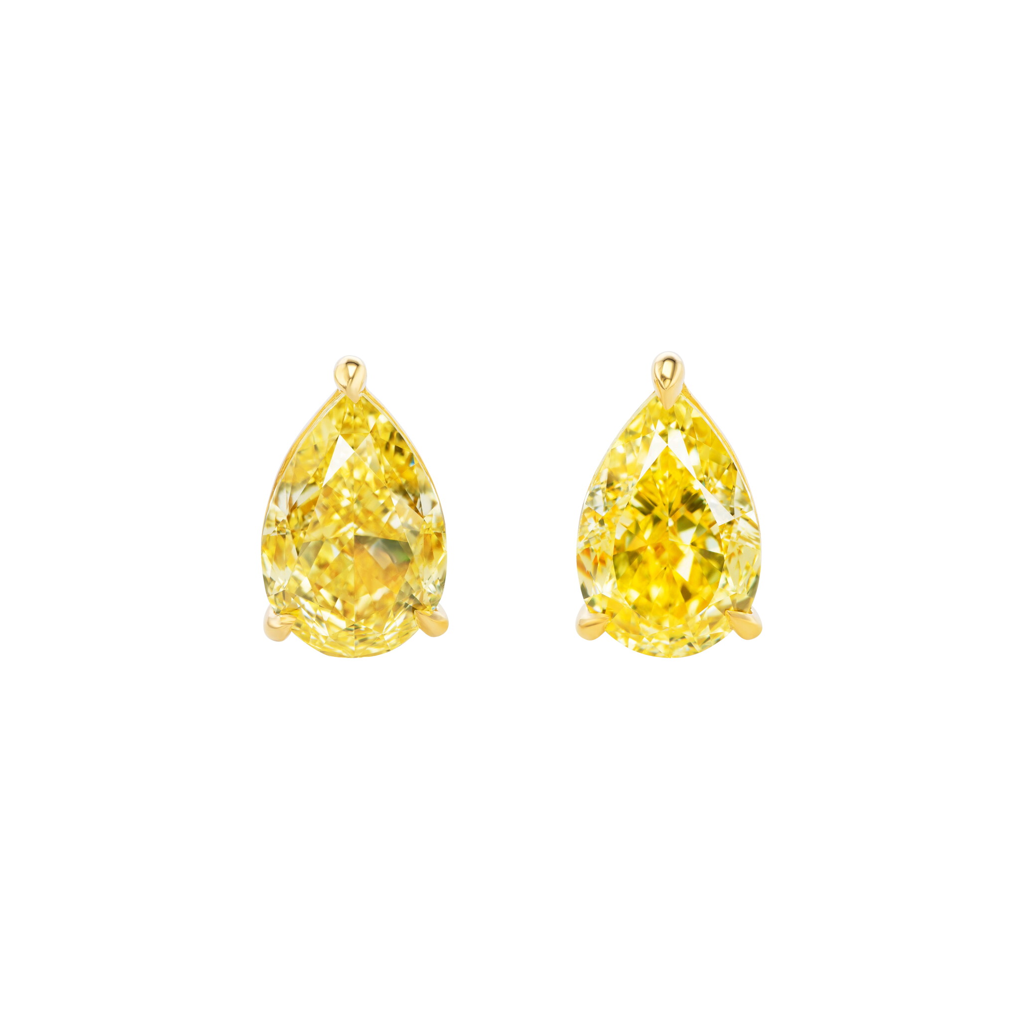Gold and 4.01ctw Pear Shape Fancy Intense Yellow Diamond Stud Earrings — view 1