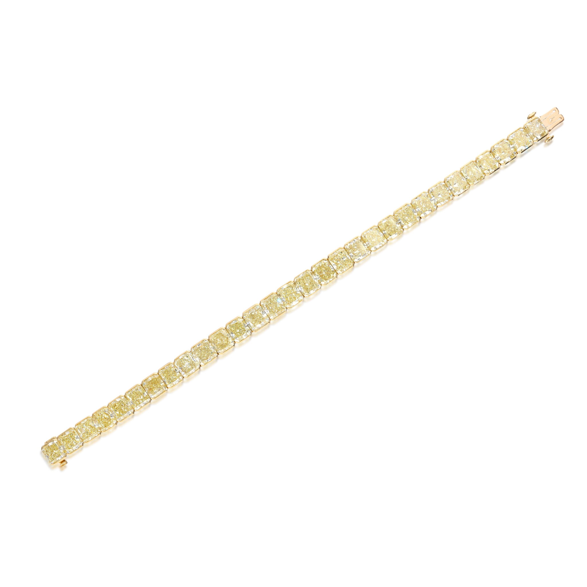 Gold and 43.35ctw Radiant Cut Yellow Diamond Tennis Bracelet — view 1
