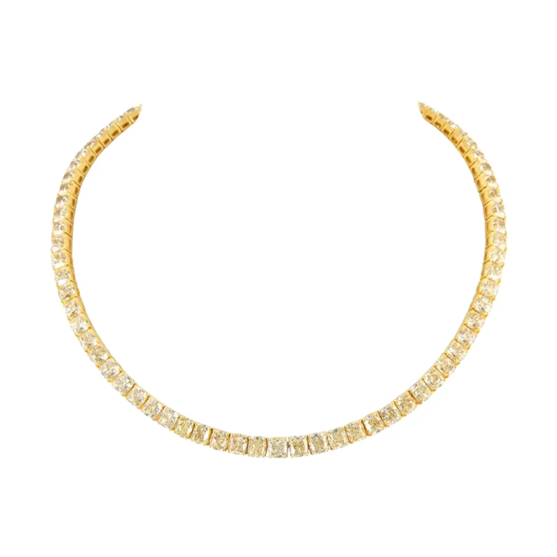 Gold and 53.95ctw Cushion Cut Yellow Diamond Tennis Necklace