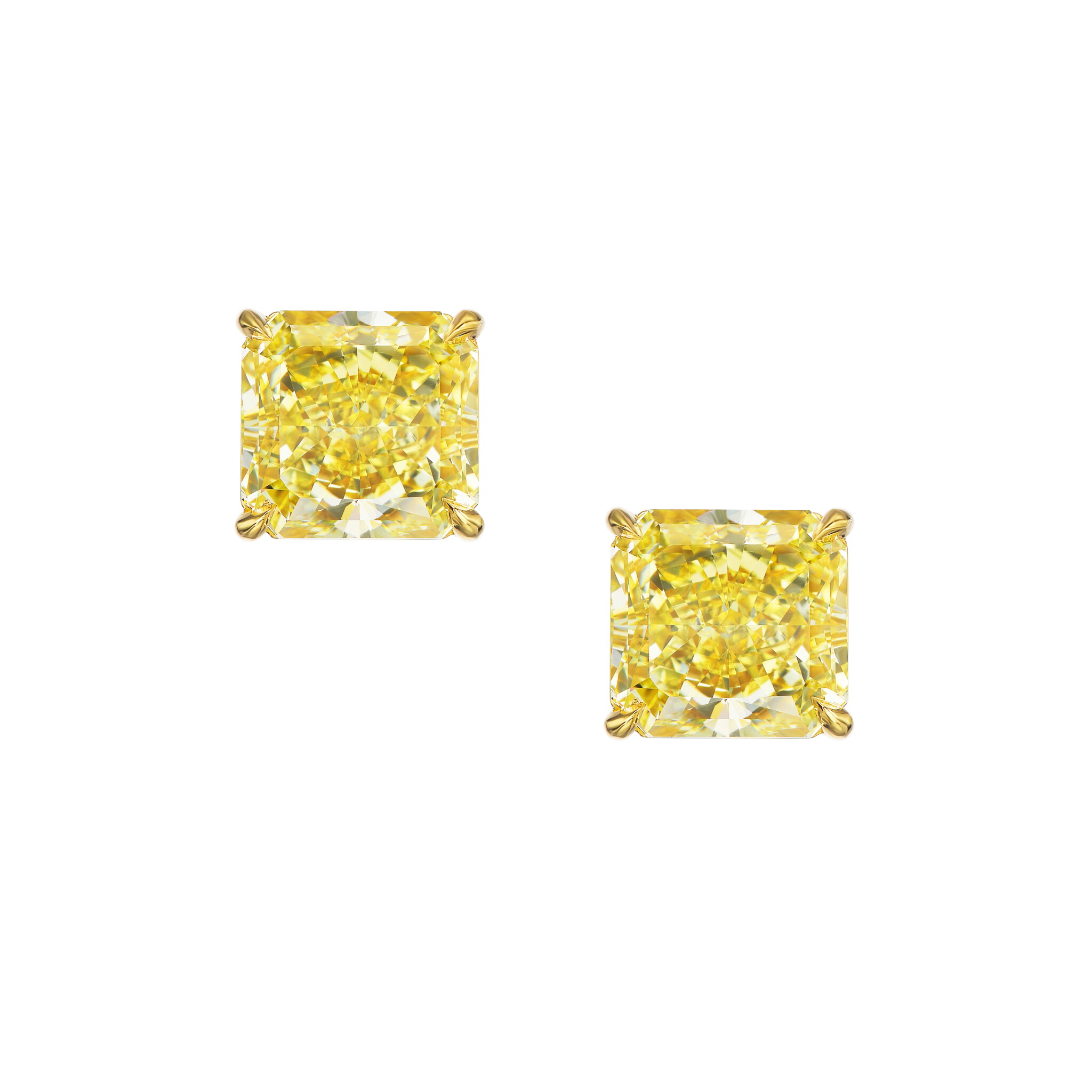 Gold and 6.59ctw Radiant Cut Fancy Intense Yellow Diamond Stud Earrings — view 1