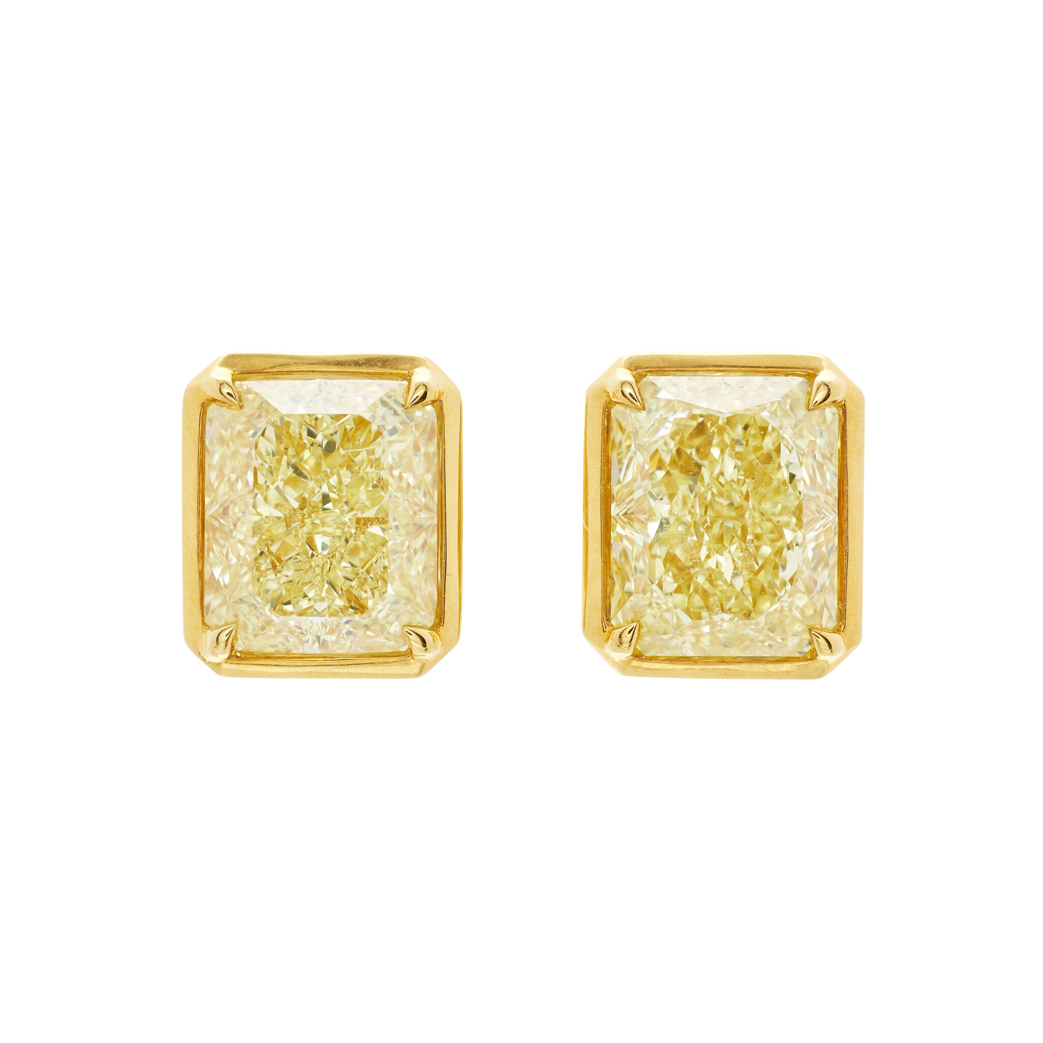 Gold and 6.02ctw Radiant Cut Fancy Yellow Diamond Stud Earrings — view 1