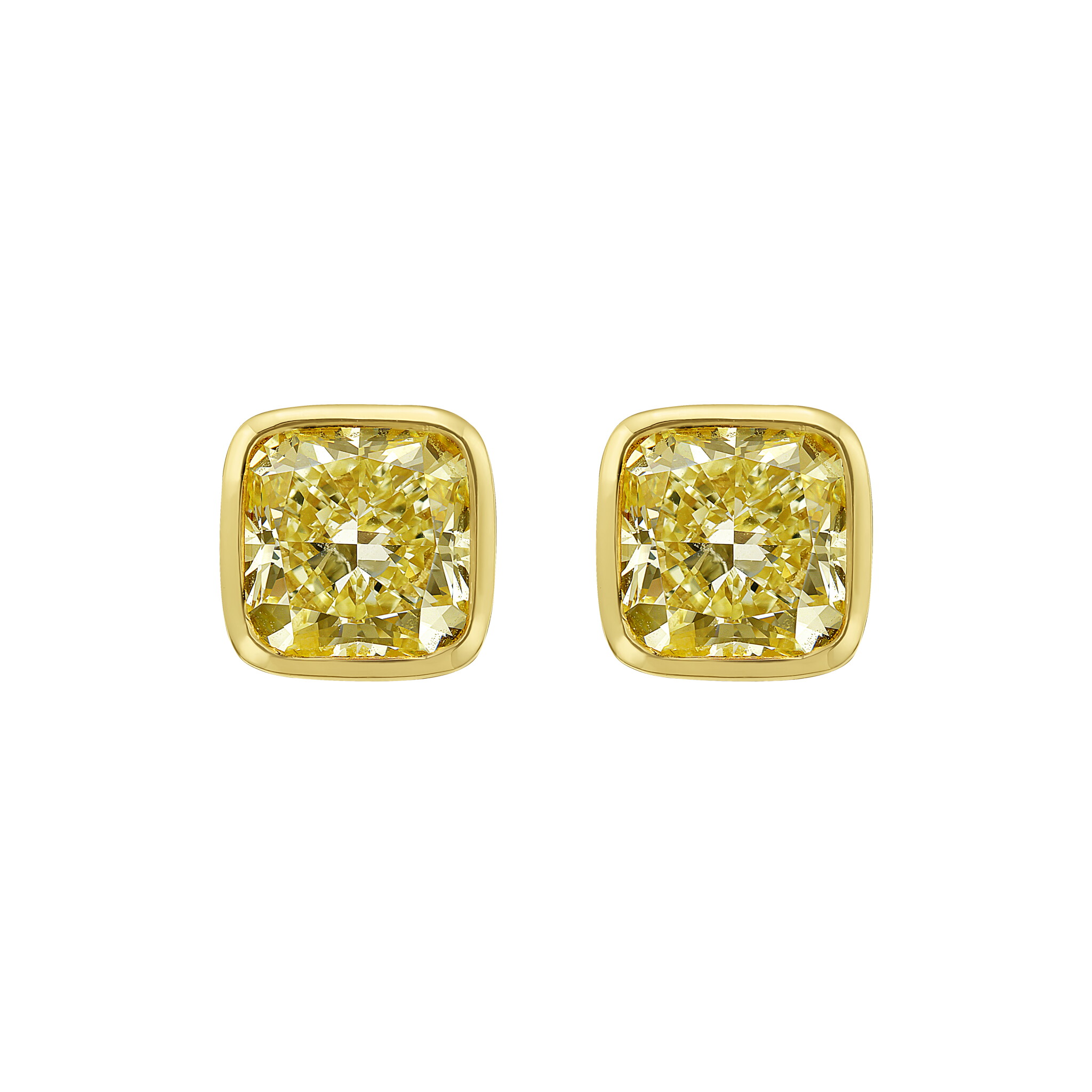 Gold and 6.12ctw Cushion Cut Fancy Yellow Diamond Stud Earrings — view 1