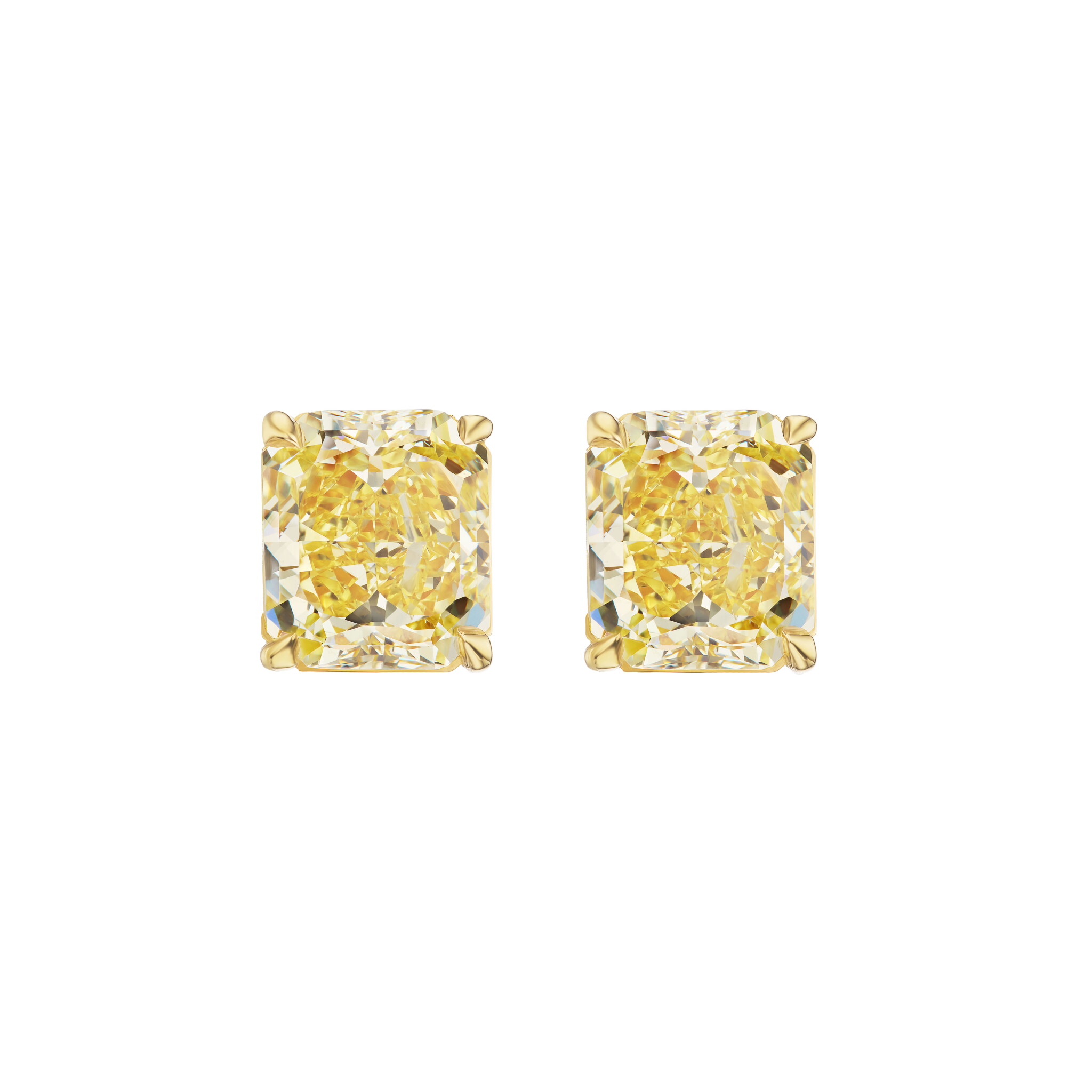 Gold and 6.45ctw Radiant Cut Fancy Yellow Diamond Stud Earrings — view 1